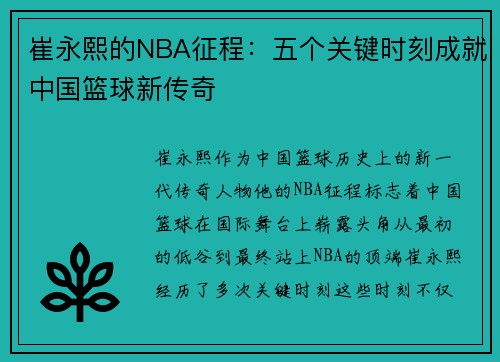 崔永熙的NBA征程:五个关键时刻成就中国篮球新传奇 崔永熙的NBA征程:五个关键时刻成就中国篮球新传奇